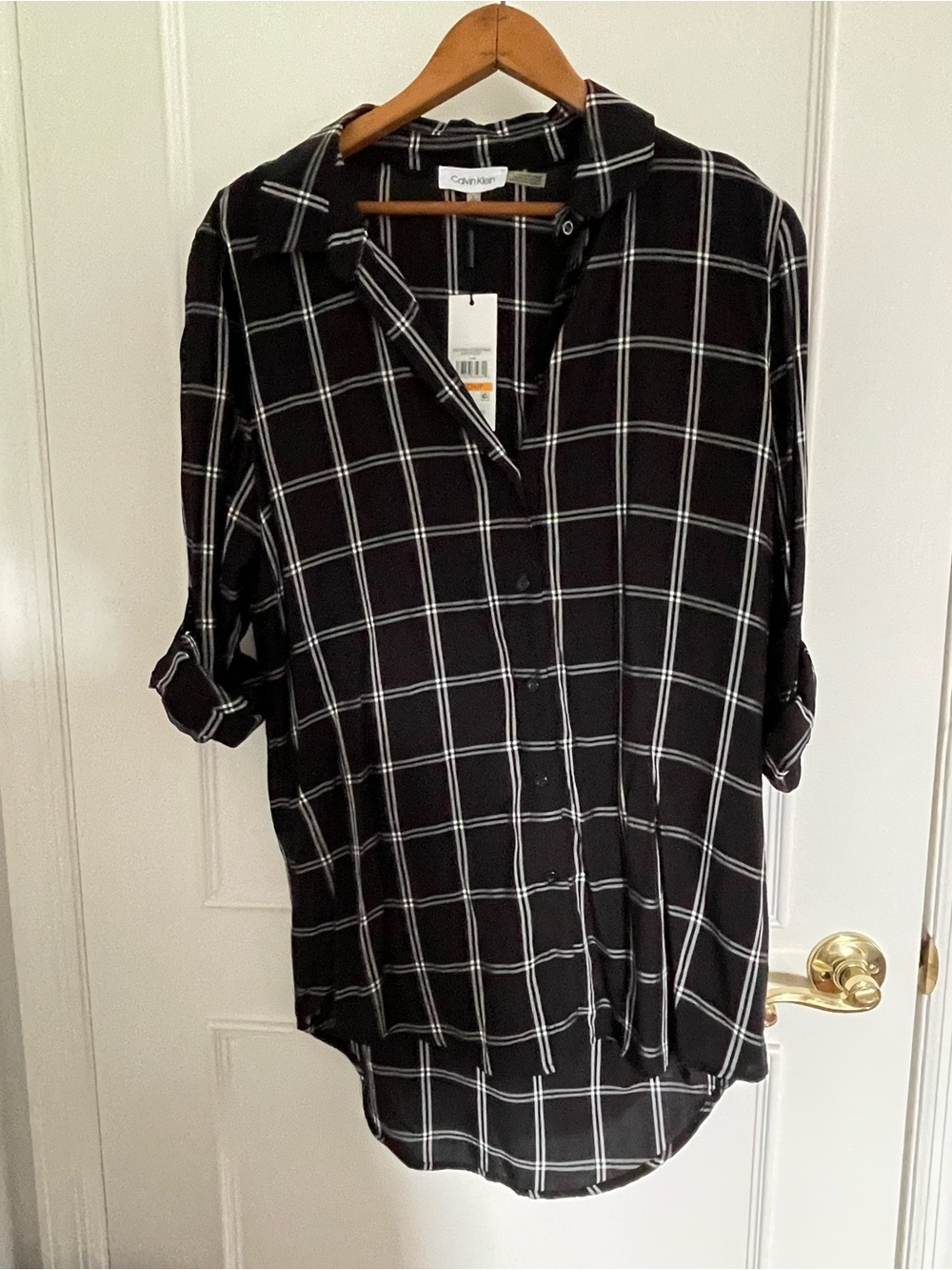 NWT Calvin Klein Black and White Windowpane Button-Down Shirt, Size Small